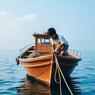 Young boy leaning on wooden boat