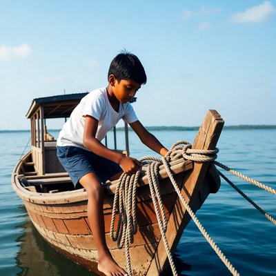 Young boy handling ropes on boat