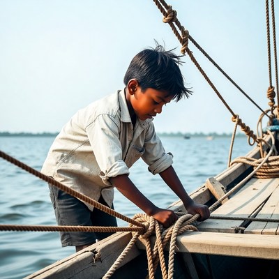 Young boy tying ropes on boat