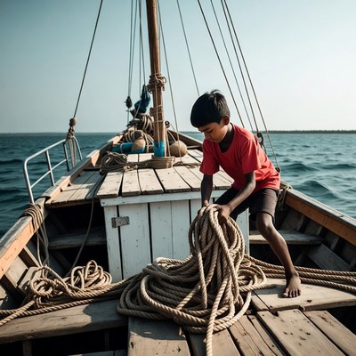 Young boy handling rope on sailboat