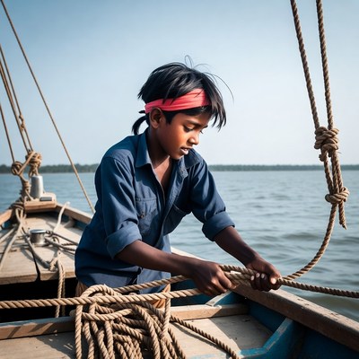 Young boy tying ropes on boat