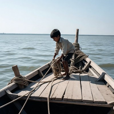 Young boy handling rope on boat