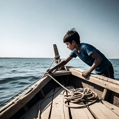 Young boy rowing wooden boat