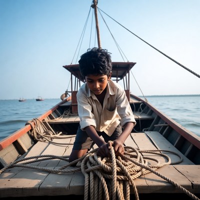 Young boy handling rope on boat