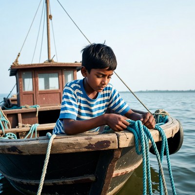 Young boy tying ropes on boat