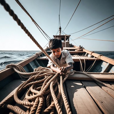 Young boy working ropes on boat