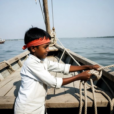 Asian boy tying rope on boat
