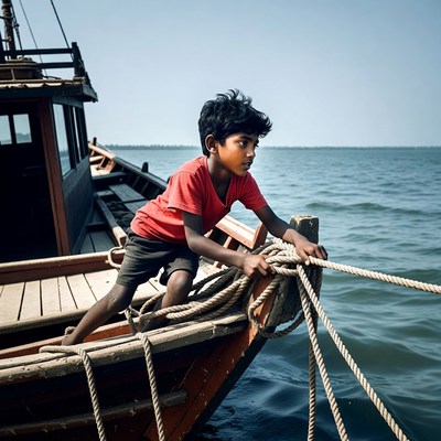 Young boy gripping rope on boat