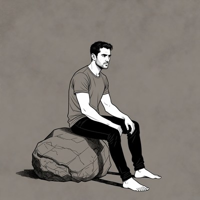 Man sitting barefoot on rock