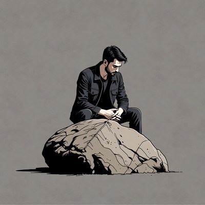 Man sitting pensively on rock