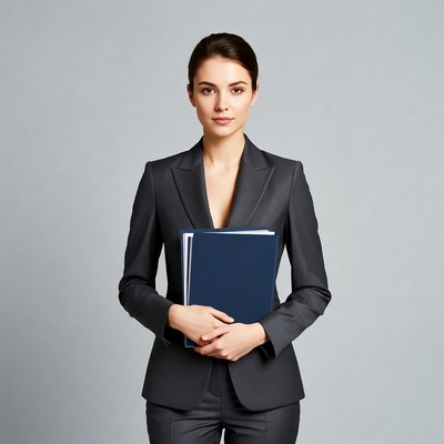 Woman holding blue folders in suit