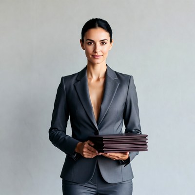 Woman holding stack of folders