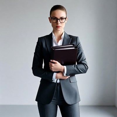 Woman in suit holding folders
