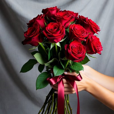 Woman holding red rose bouquet