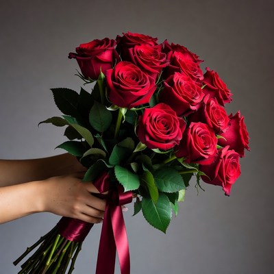 Woman holding red rose bouquet