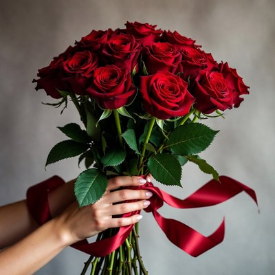 Woman's hands holding red roses bouquet