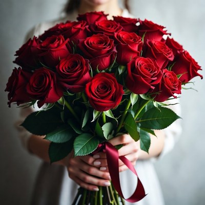 Woman holding red roses bouquet