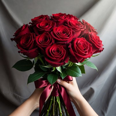 Woman holding red rose bouquet