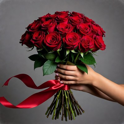 Woman's hands holding red rose bouquet