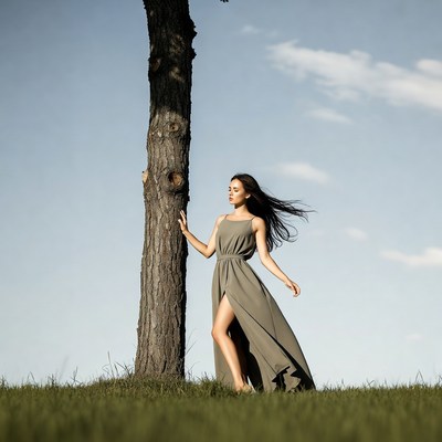 Woman in green dress by tree