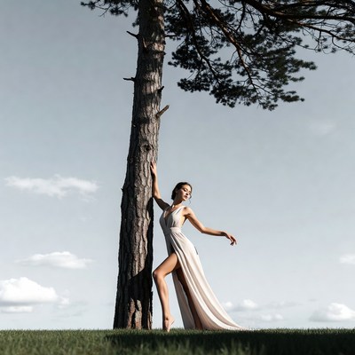 Woman dancing by tall pine tree