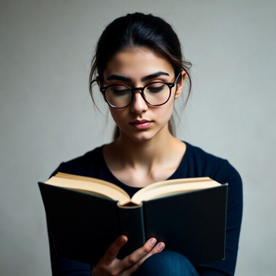 Young woman reading book with glasses