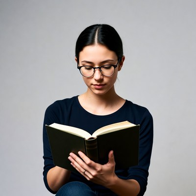 Asian woman reading book glasses