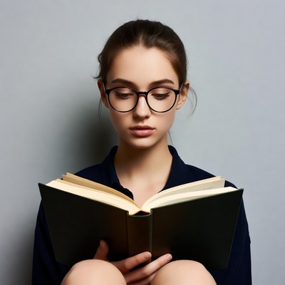Young woman reading book with glasses