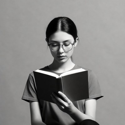 Young woman reading book in glasses