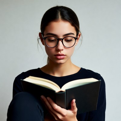 Young woman reading book with glasses