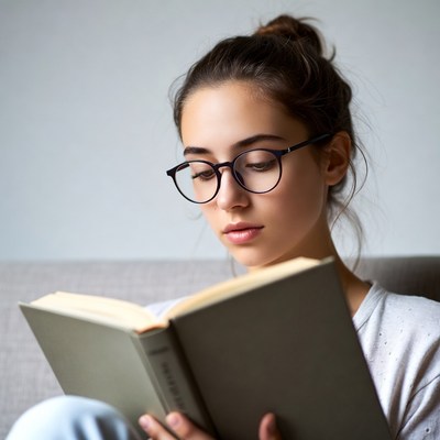 Young woman reading book with glasses