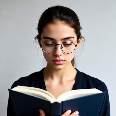Young woman reading book in glasses