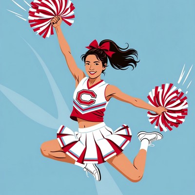 Asian cheerleader jumping with pom poms