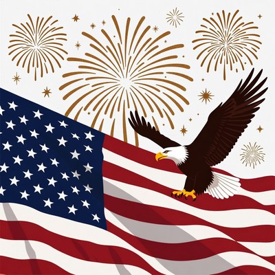 Bald Eagle on American Flag with Fireworks