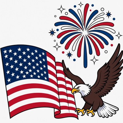 Bald Eagle with American Flag and Fireworks