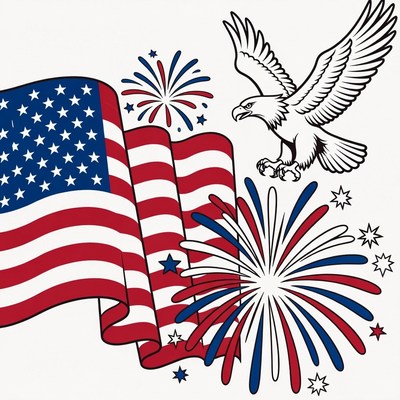 Eagle over American flag fireworks