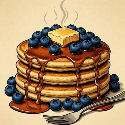 Stack of Pancakes with Blueberries and Syrup