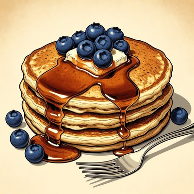 Stack of Pancakes with Blueberries and Syrup