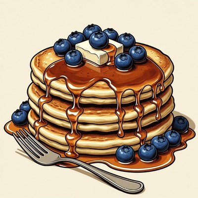 Stack of Pancakes with Blueberries and Syrup