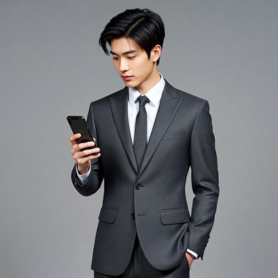 Asian man checking phone in suit