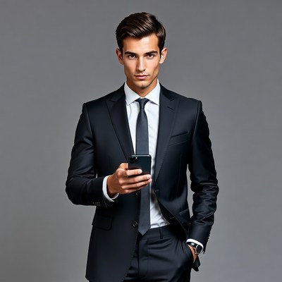 Handsome man in suit holding smartphone