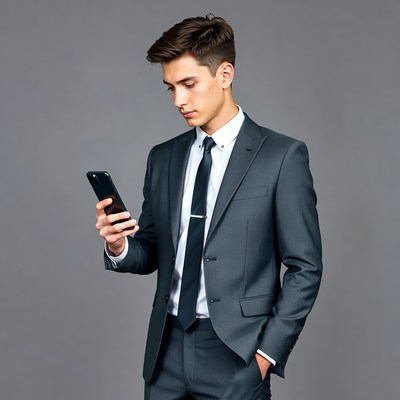 Young man checking phone in suit