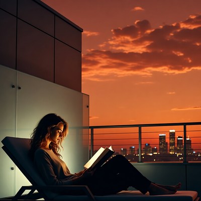 Woman reading book on rooftop sunset