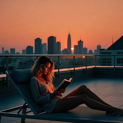 Woman reading book on rooftop at sunset