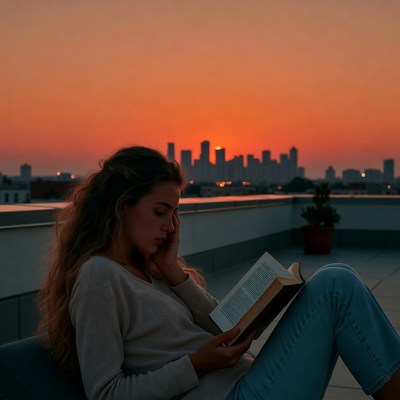 Woman reading book on rooftop at sunset