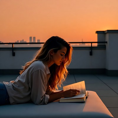 Woman reading book on rooftop sunset