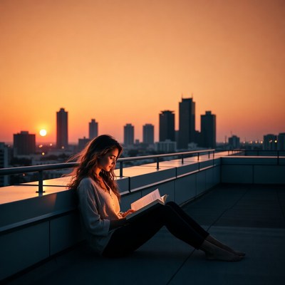 Woman reading book on rooftop at sunset