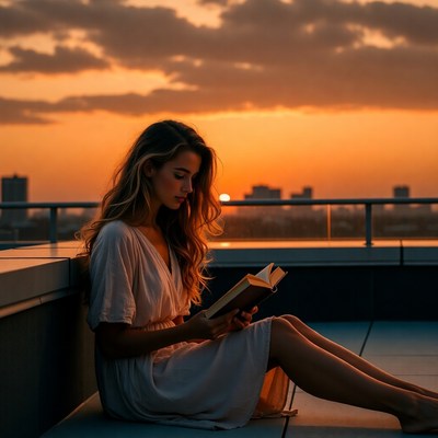 Woman reading book on rooftop at sunset