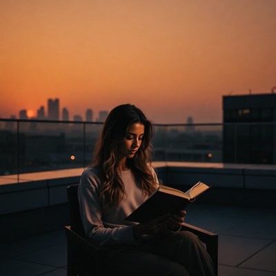 Woman reading book on rooftop at sunset