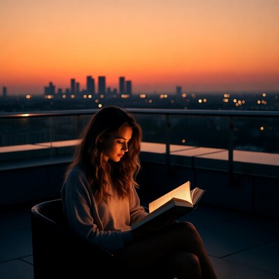 Woman reading book on rooftop sunset